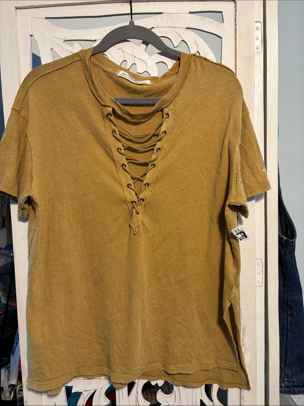 Free people vintage -Inspired Mustard Lace-Up Women's Top